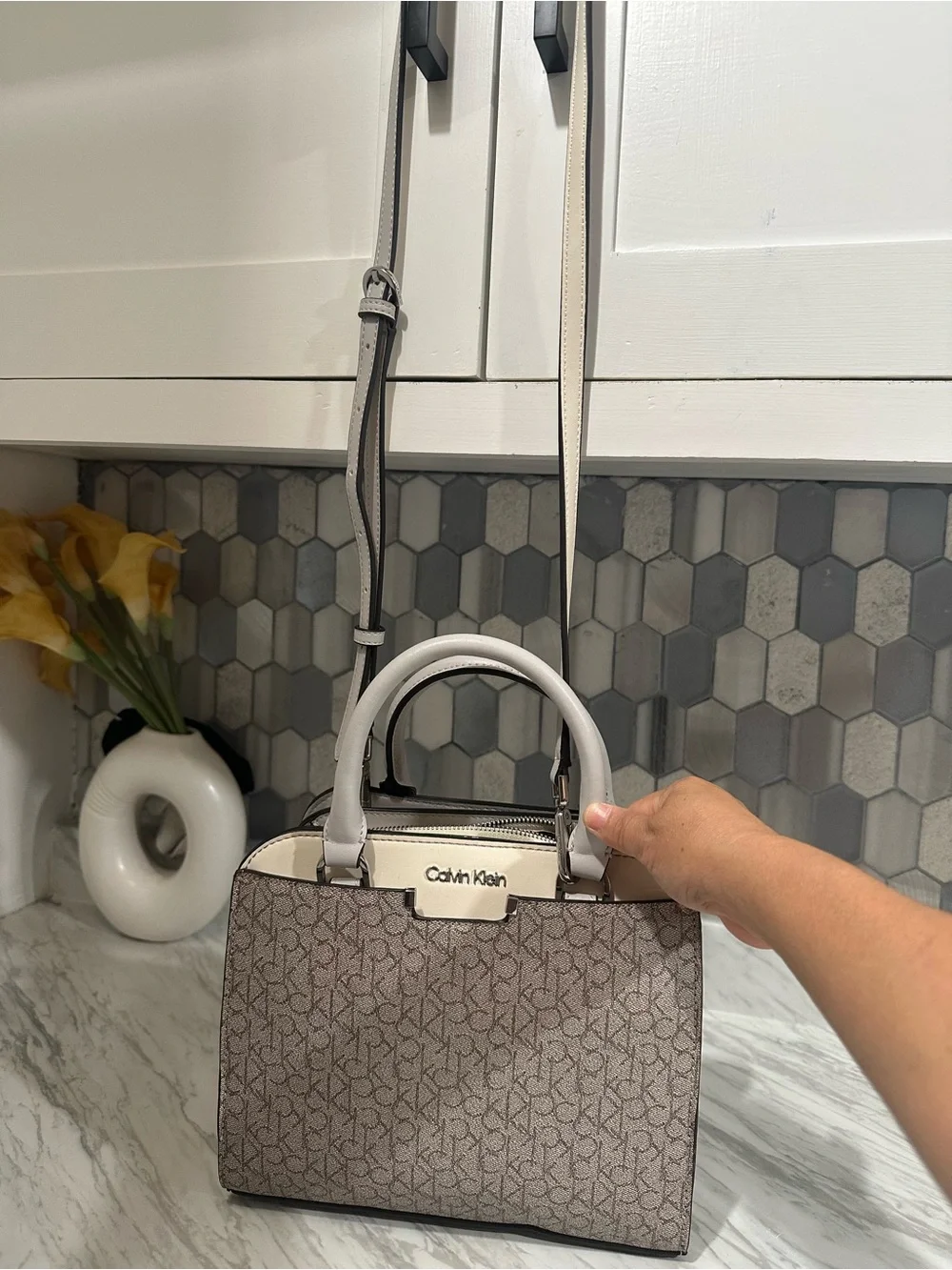Calvin Klein Taupe/Beige Monogram Satchel with Adjustable Strap